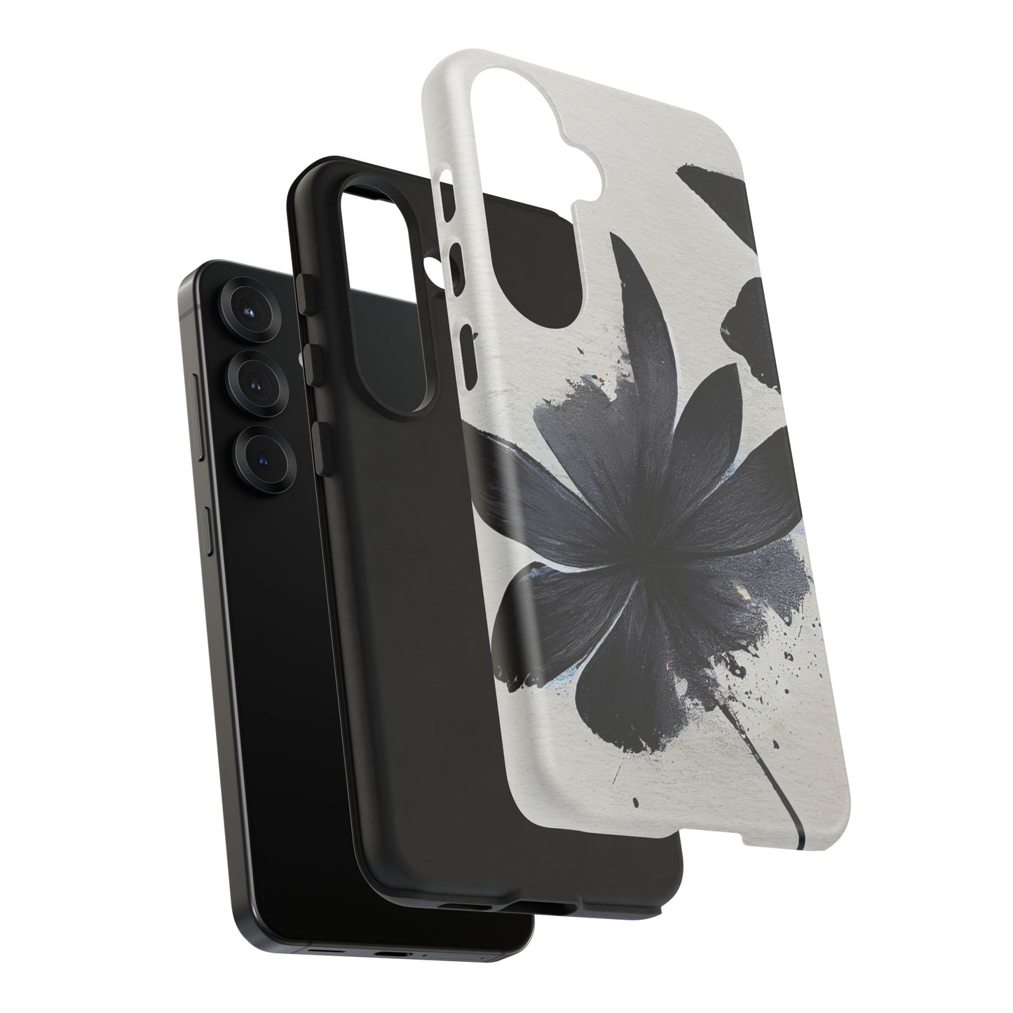 Monochrome Floral Tough Phone Case — Black Ink Flower Protective Cover