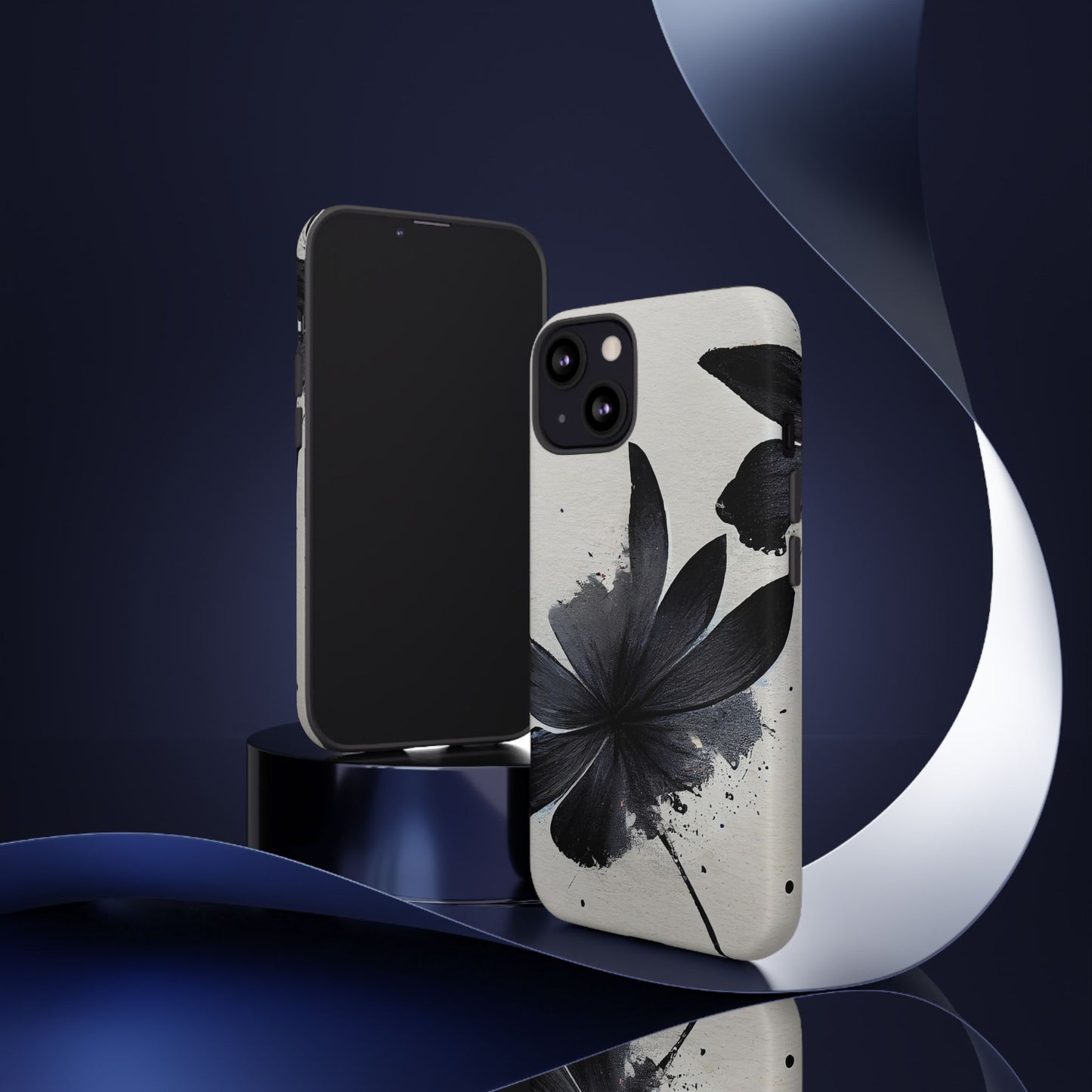 Monochrome Floral Tough Phone Case — Black Ink Flower Protective Cover