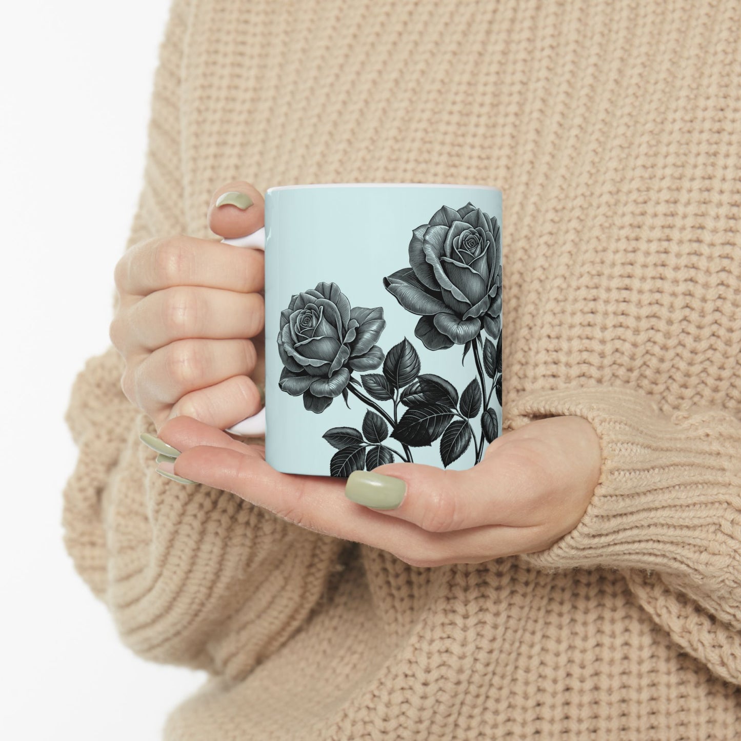 Elegant Floral Ceramic Mug - Black and White Rose Design, Coffee Cup, Gift for Her, Home Decor, Tea Lover's Perfect Mug