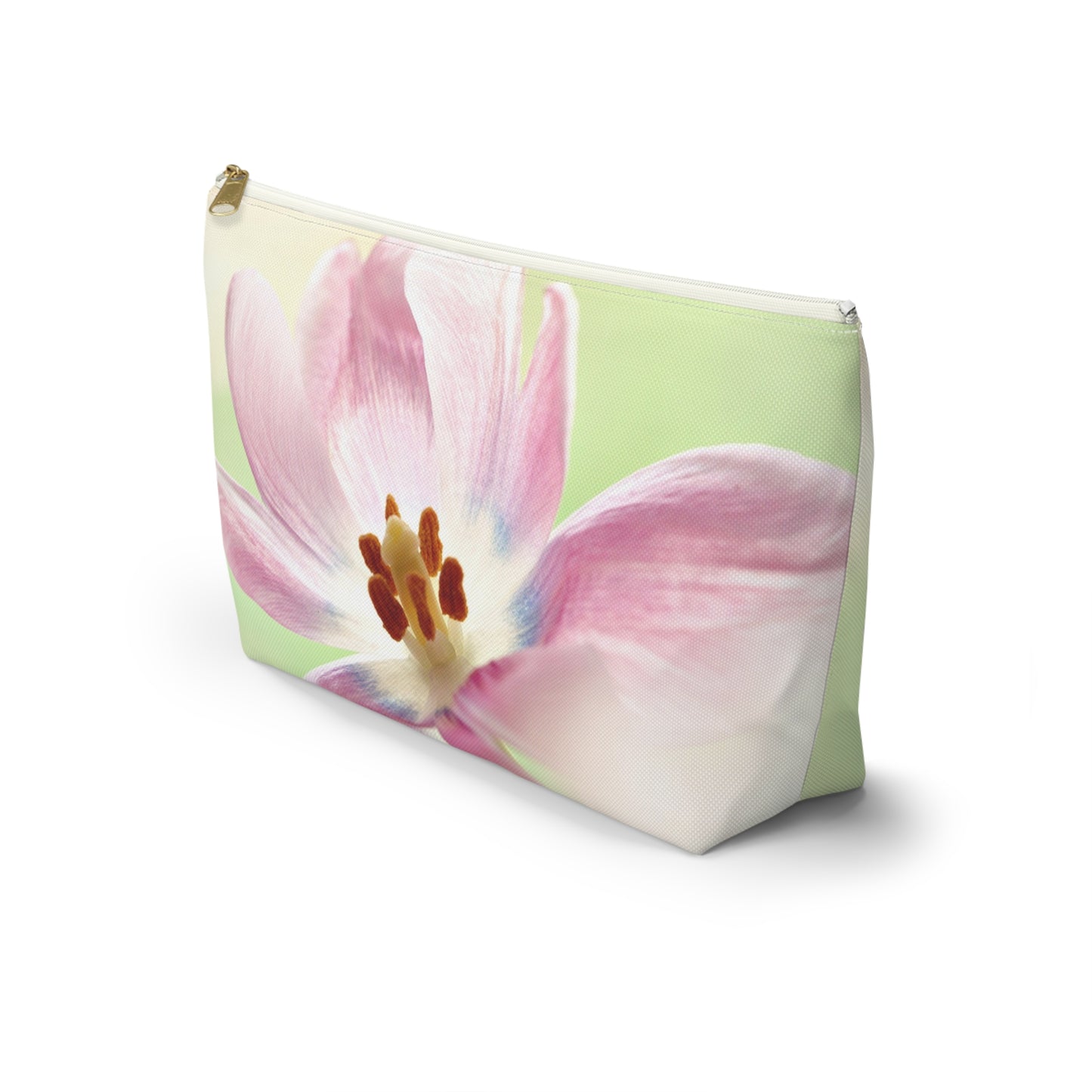 Pink Tulip Floral Accessory Pouch — Cosmetic Makeup Bag with T-Bottom