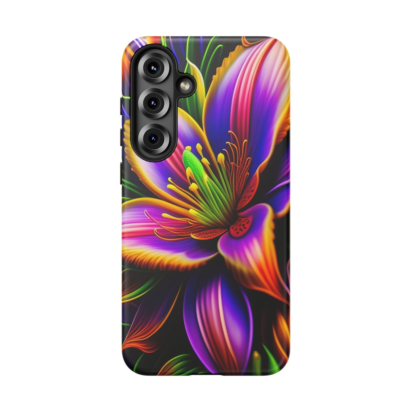 Floral Neon Tough Phone Case — Vivid Purple & Orange Lily Protective Cover