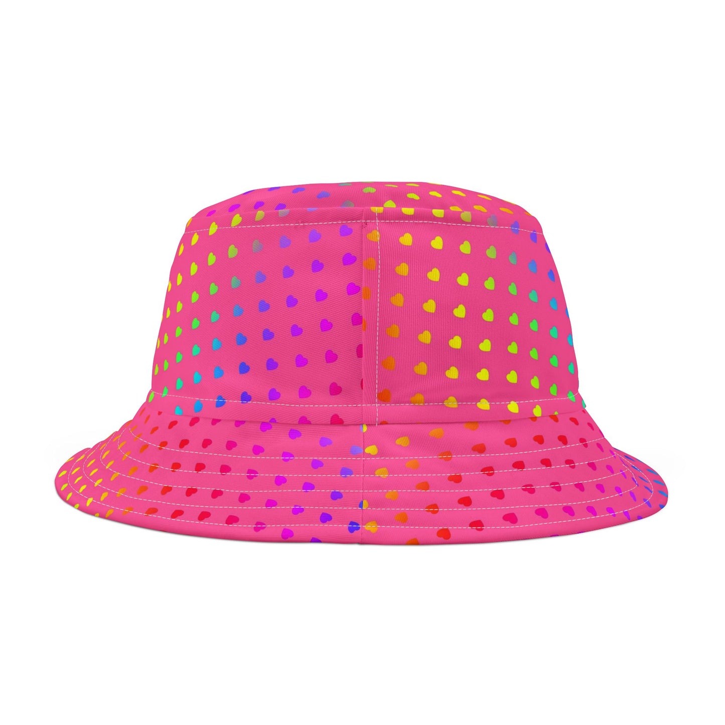 Pink Rainbow Heart Bucket Hat — Colorful Polka Dot Summer Sun Hat