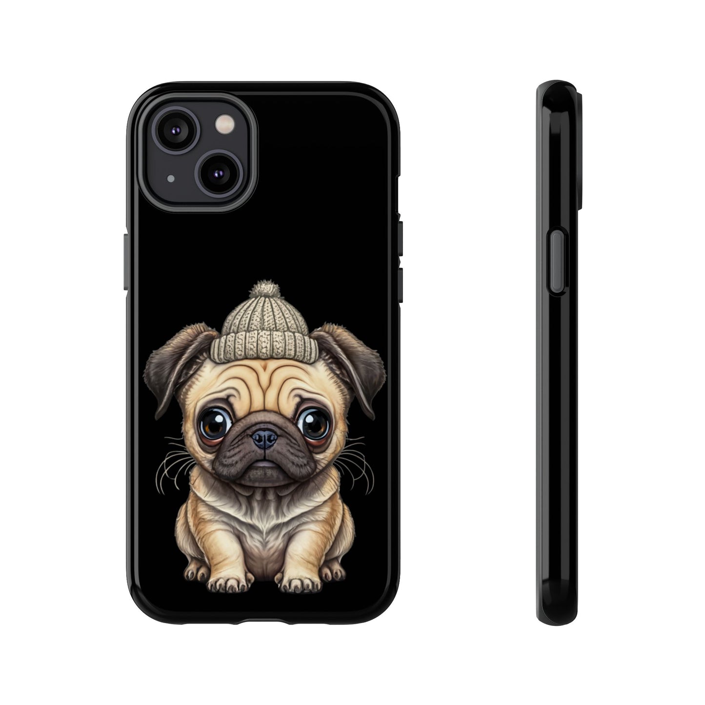 Pug Phone Case – Cute Pug Puppy Illustration on Black Tough Case