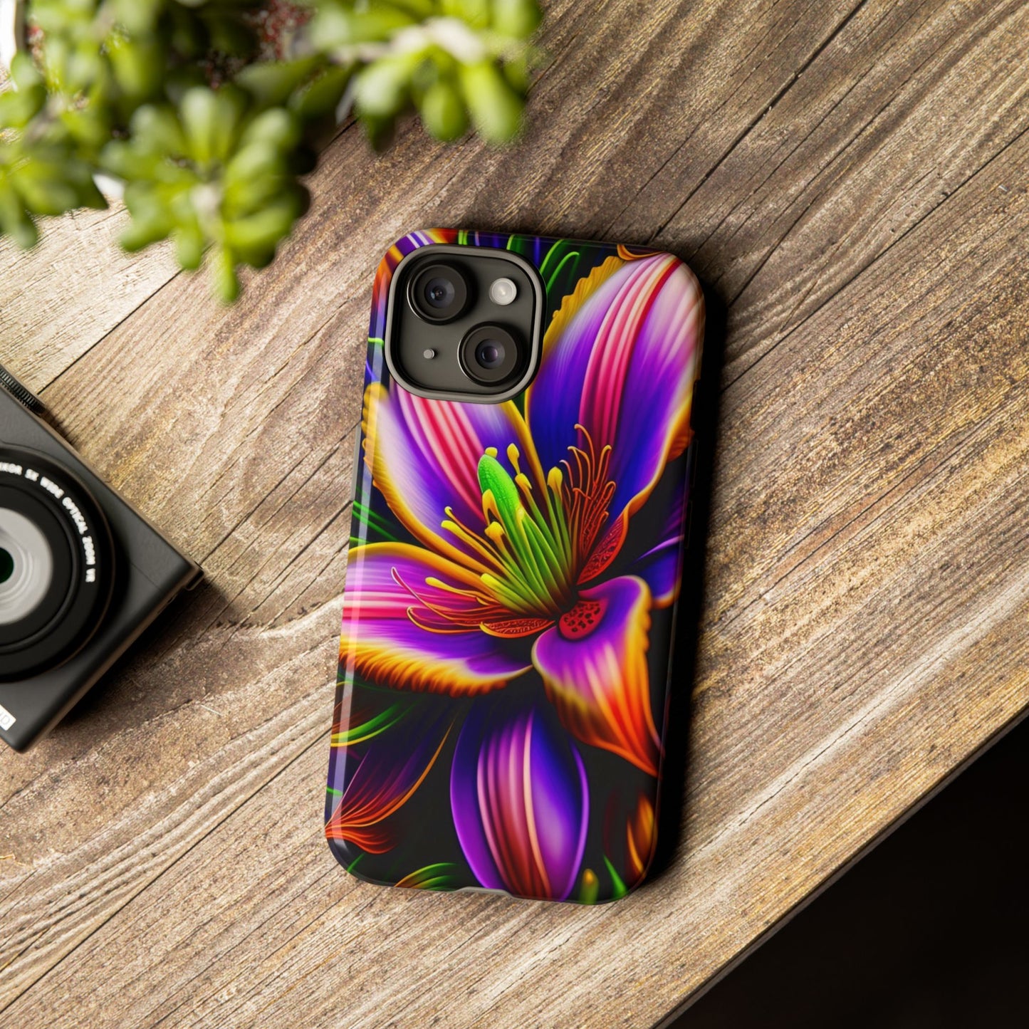 Floral Neon Tough Phone Case — Vivid Purple & Orange Lily Protective Cover