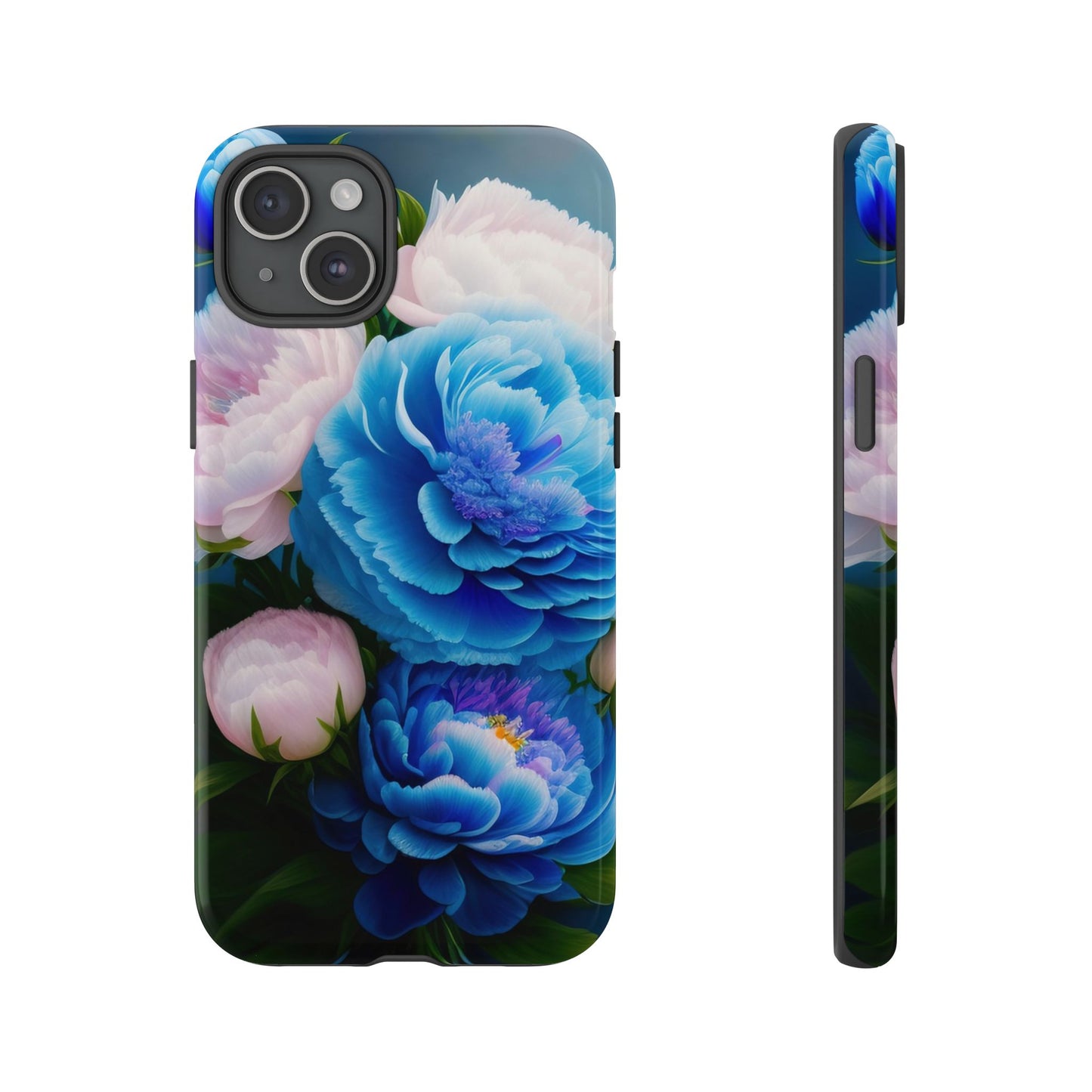 Floral Blue Peony Phone Case — Protective Tough Case with Pink & Blue Blooms