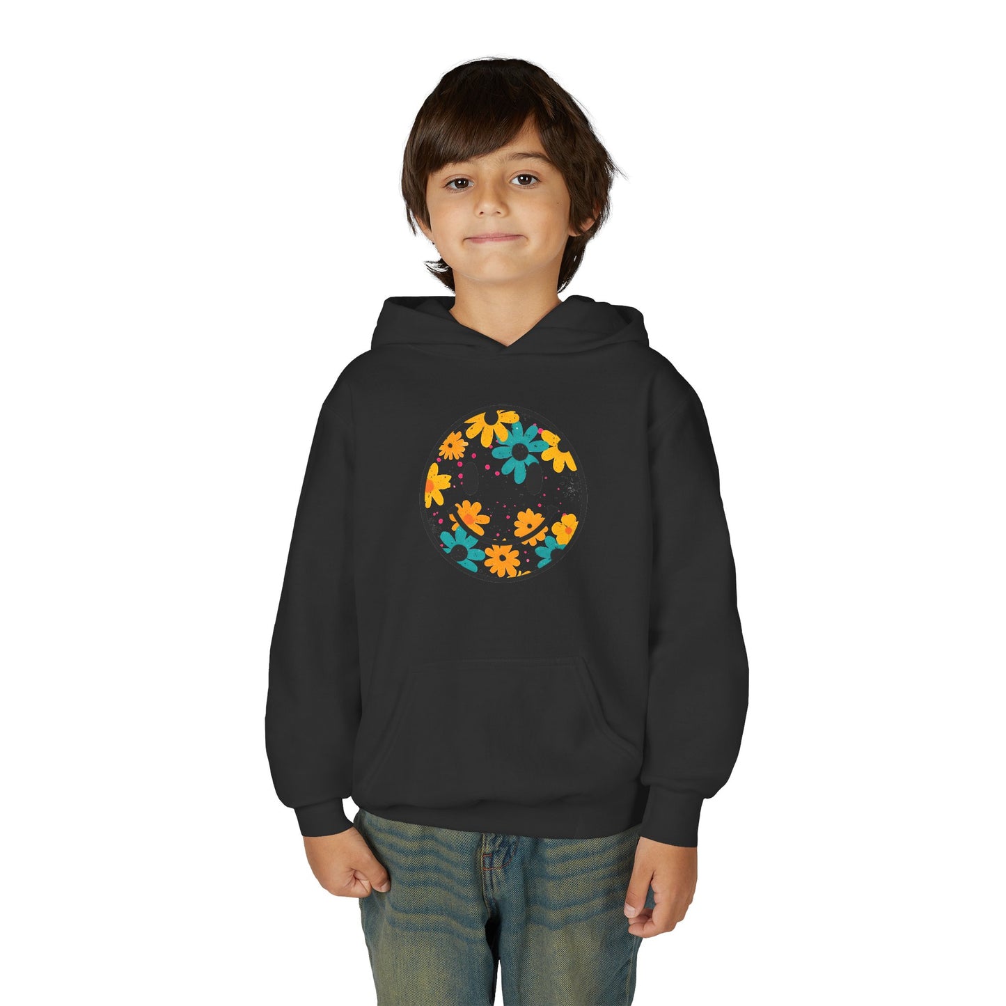 Youth Floral Hoodie – Orange & Teal Flower Circle Design