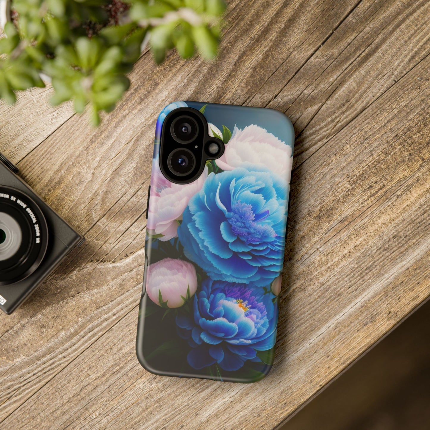 Floral Blue Peony Phone Case — Protective Tough Case with Pink & Blue Blooms