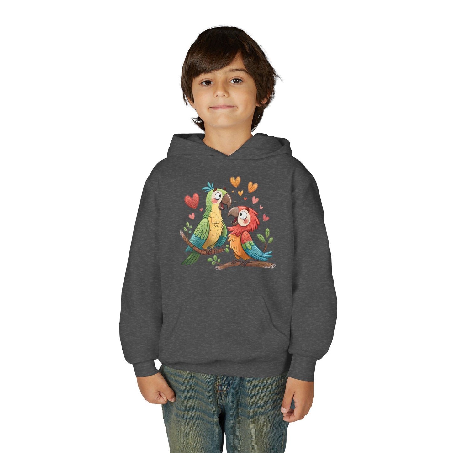 Youth Hoodie — Cute Parrot Couple Illustration (Hearts, Kids Pullover)