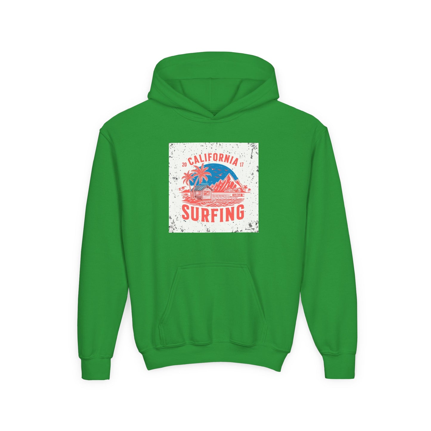 California Surfing Youth Hoodie — Retro Beach Palm Tree Surf Graphic