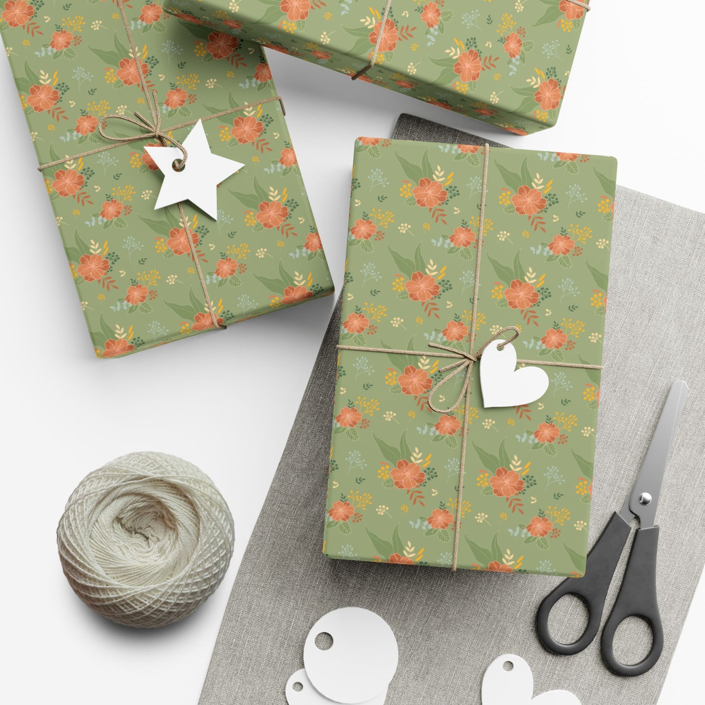 Gift Wrap Paper — Vintage Green Floral Pattern, Rose Bouquet Wrapping Sheets