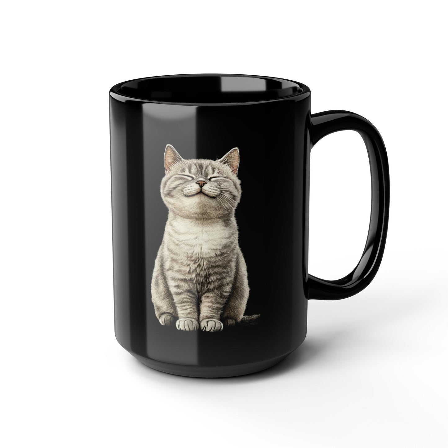 15oz Black Mug — Smiling Grey Cat Ceramic Coffee Cup