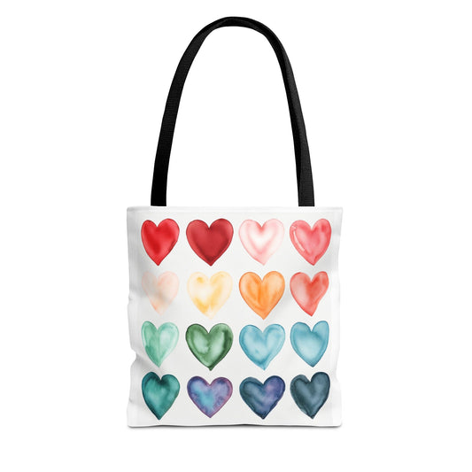 Watercolor Rainbow Hearts Tote Bag — Colorful Heart Pattern Beach & Market Tote