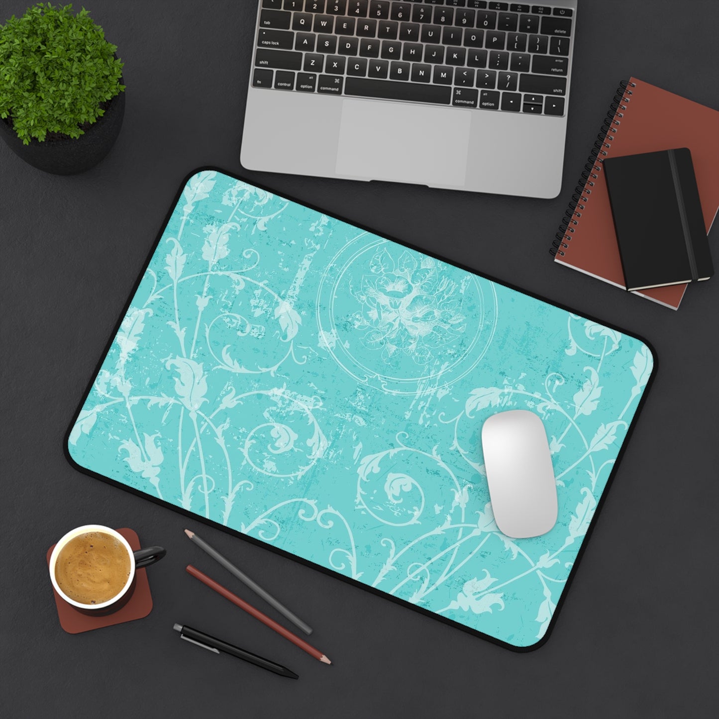 Turquoise Vintage Flourish Desk Mat — Floral Mouse Pad Surface