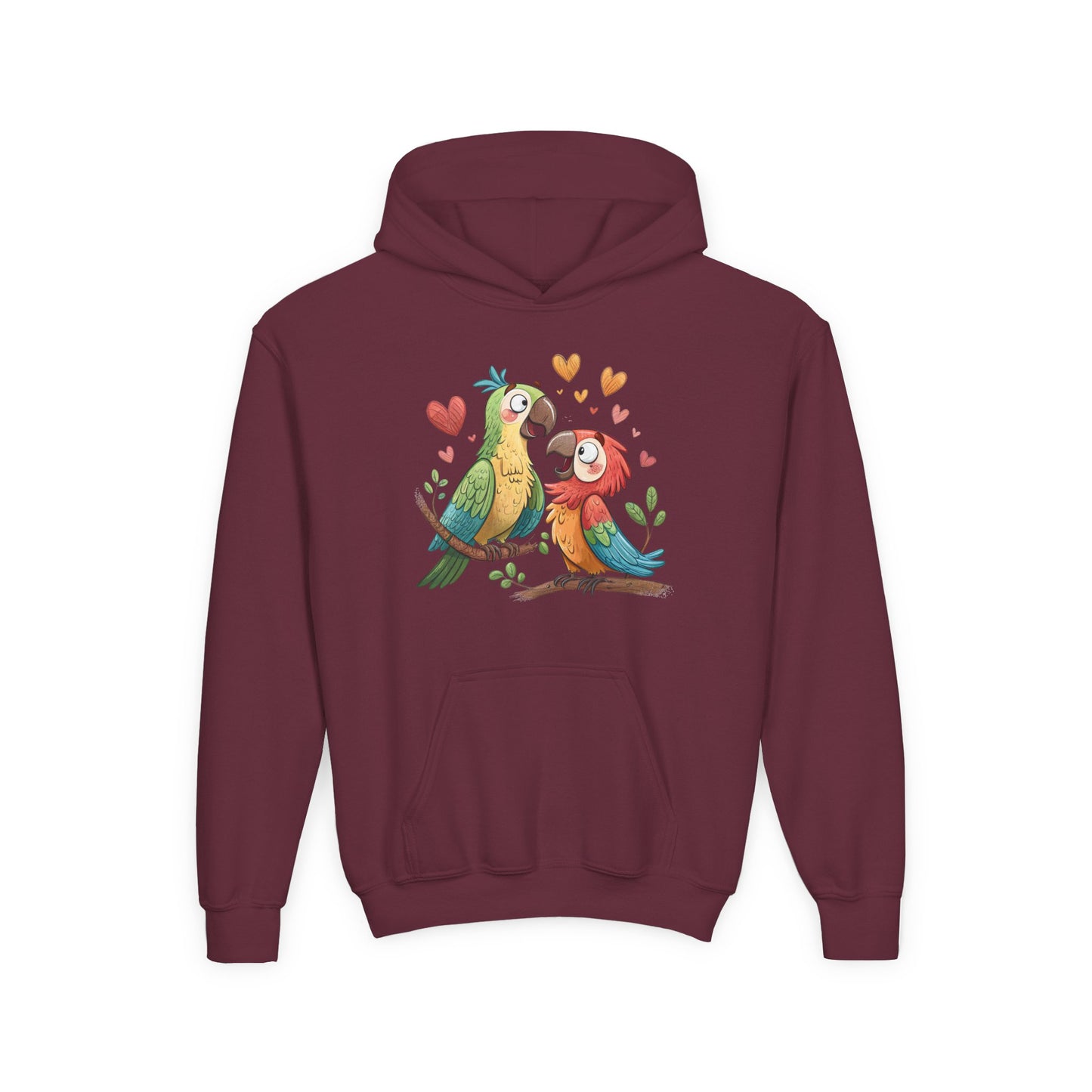 Youth Hoodie — Cute Parrot Couple Illustration (Hearts, Kids Pullover)