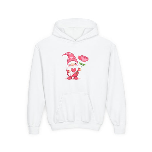 Valentine Gnome Kids Hoodie — Cute Pink Gnome Holding Rose Youth Sweatshirt