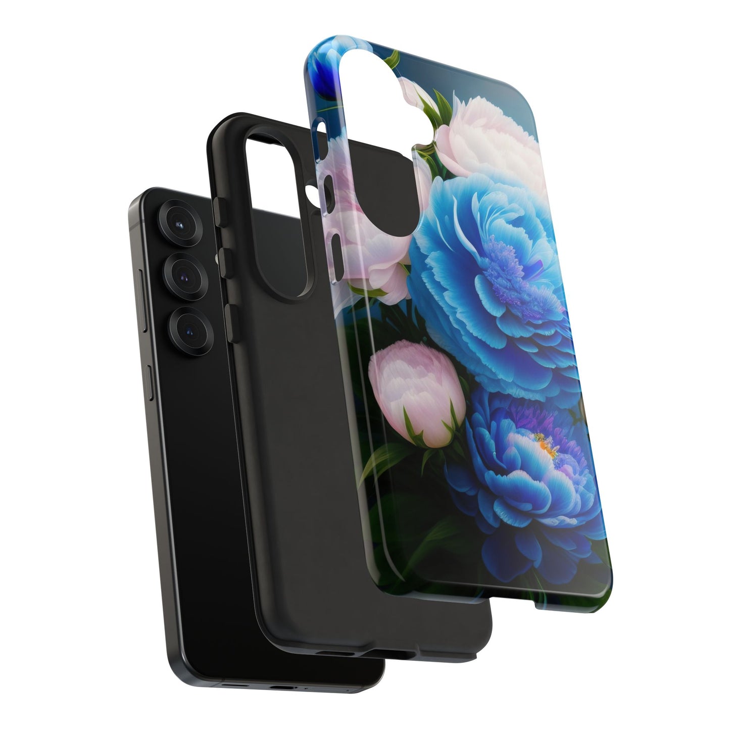 Floral Blue Peony Phone Case — Protective Tough Case with Pink & Blue Blooms