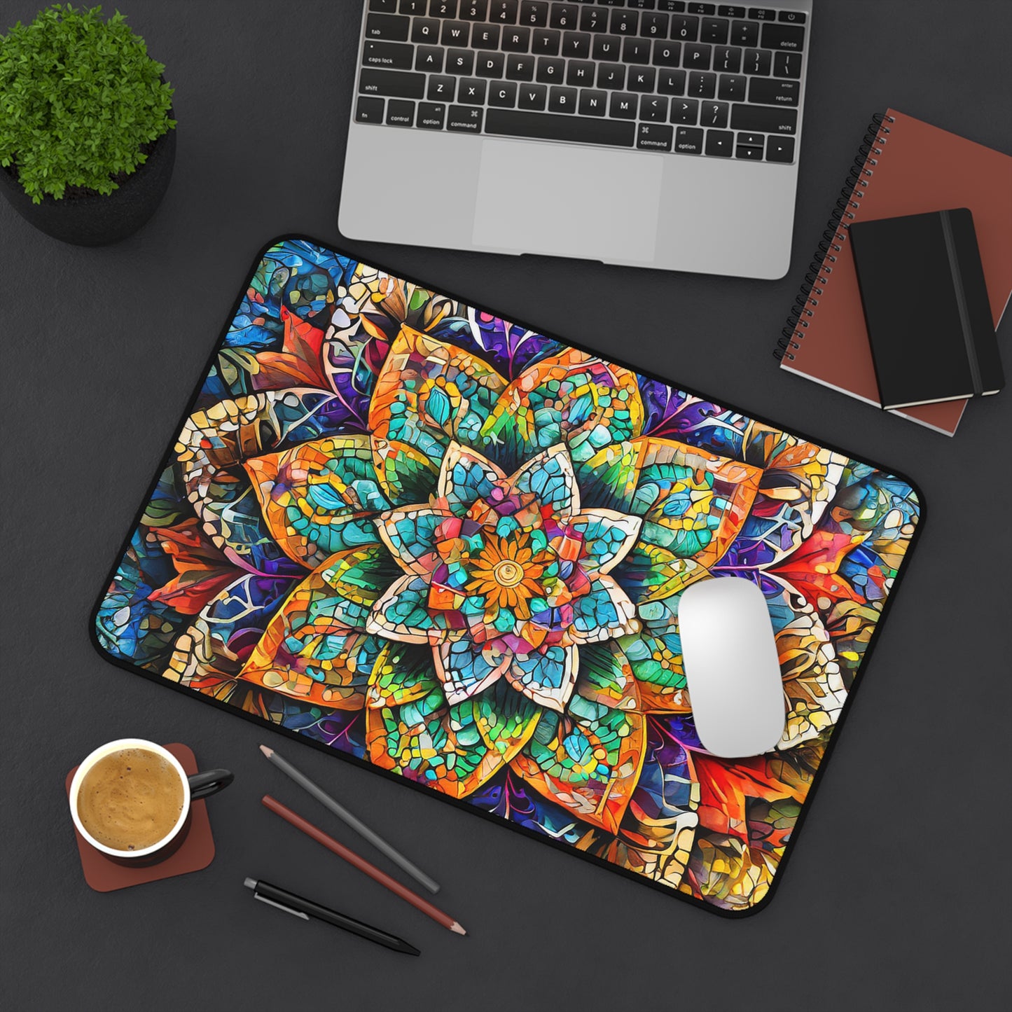 Mandala Stained-Glass Desk Mat — Colorful Boho Mouse Pad for Home Office