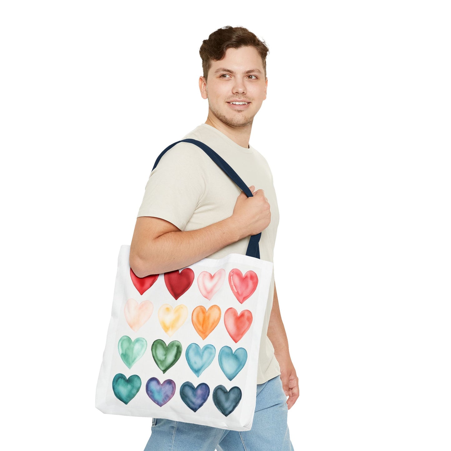 Watercolor Rainbow Hearts Tote Bag — Colorful Heart Pattern Beach & Market Tote