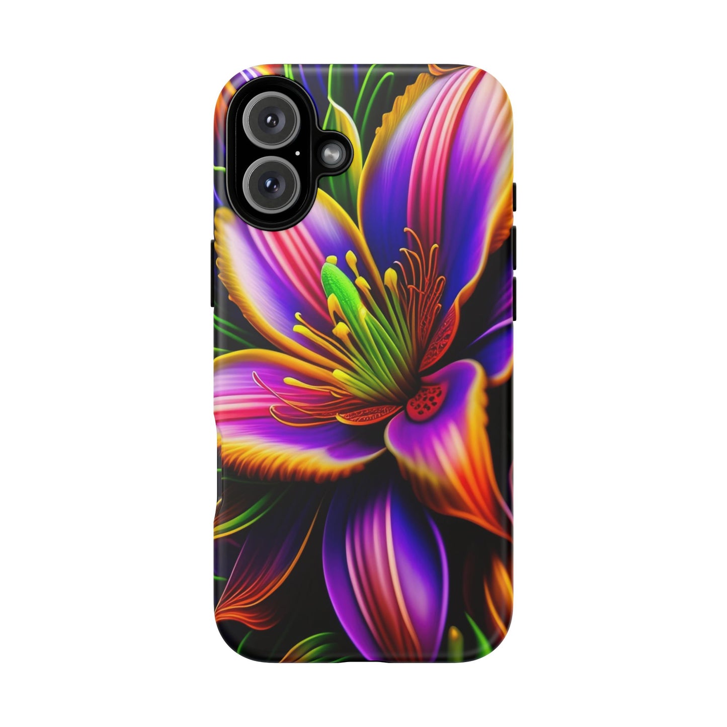 Floral Neon Tough Phone Case — Vivid Purple & Orange Lily Protective Cover