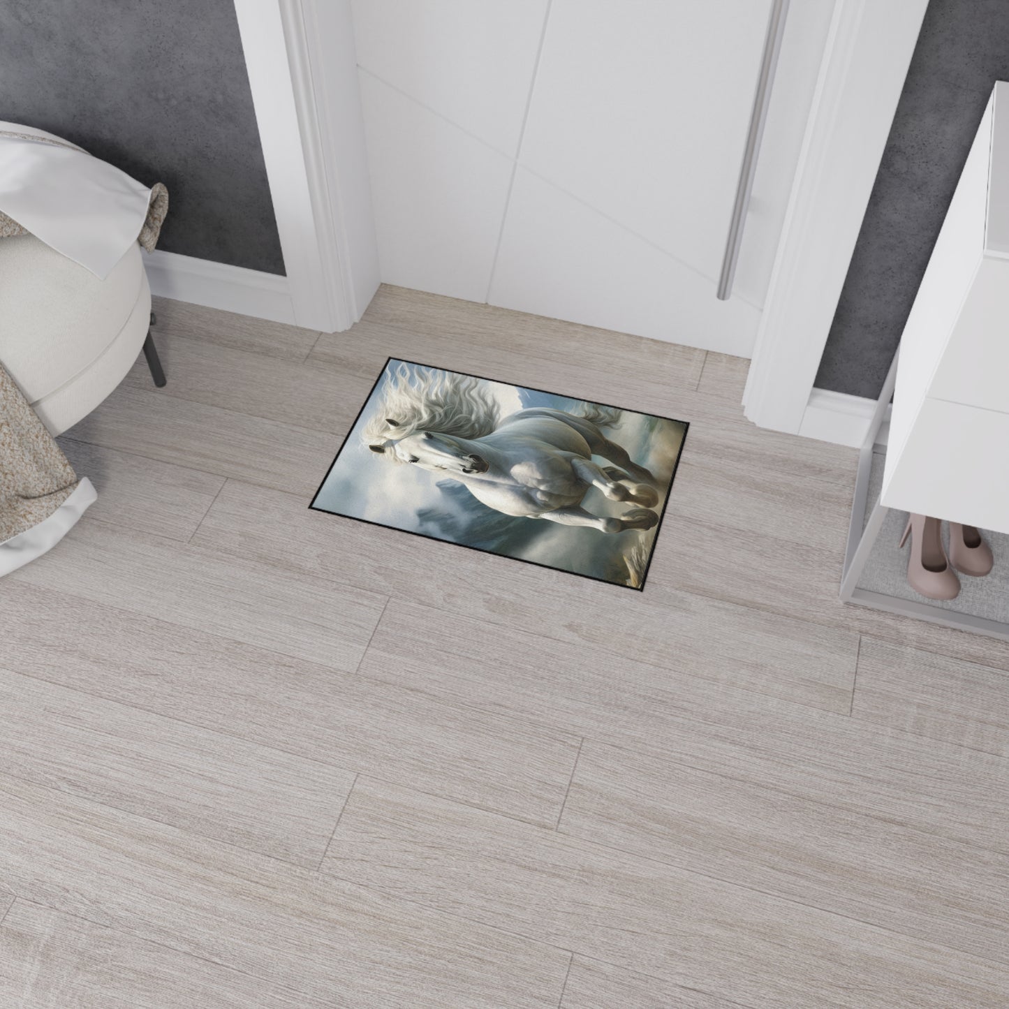 Majestic White Horse Heavy-Duty Floor Mat — Running Stallion Rug for Entryway & Stable