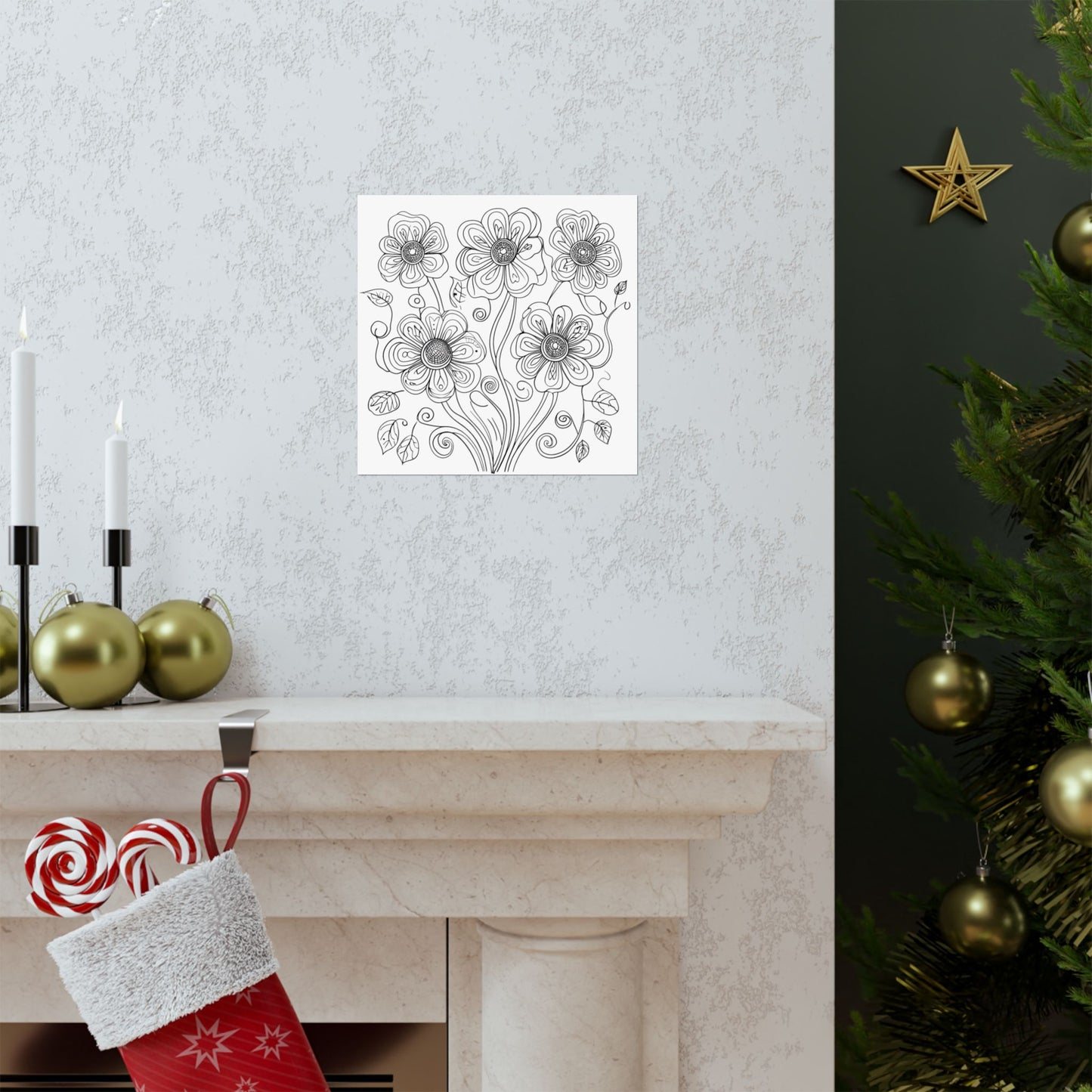 Floral Line Art Poster — Black & White Daisy Bouquet Matte Print - DIY