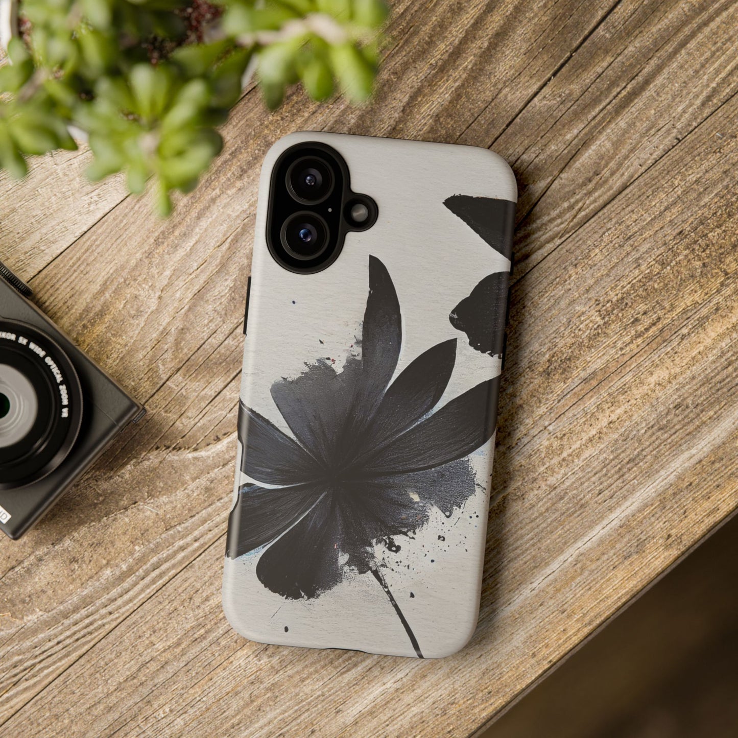 Monochrome Floral Tough Phone Case — Black Ink Flower Protective Cover