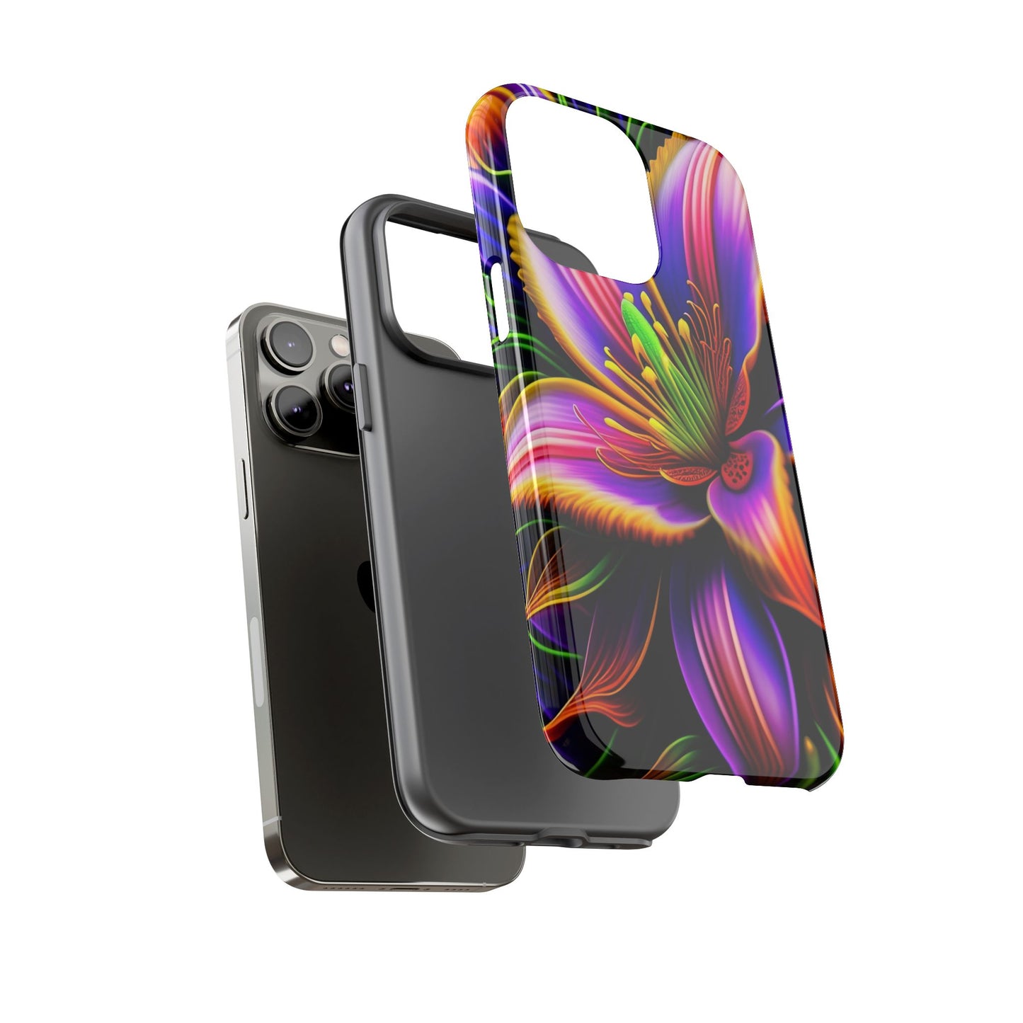 Floral Neon Tough Phone Case — Vivid Purple & Orange Lily Protective Cover