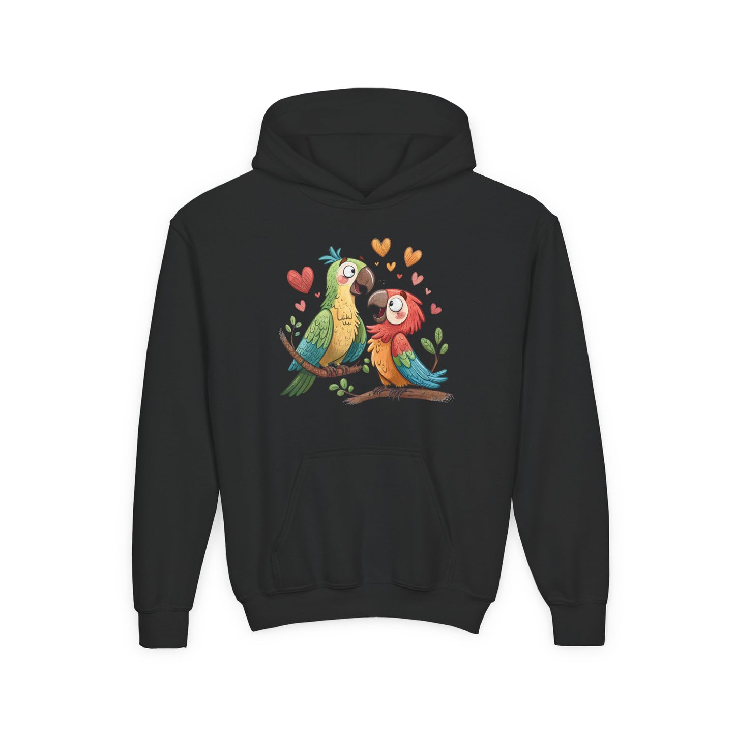 Youth Hoodie — Cute Parrot Couple Illustration (Hearts, Kids Pullover)