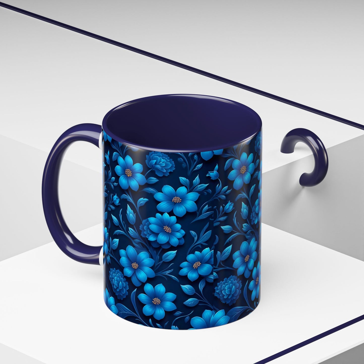 Floral Accent Coffee Mug, Blue Flower Mug, Ceramic Coffee Cup, Gift for Her, Nature-Themed Drinkware, Floral Home Decor, Unique Mug