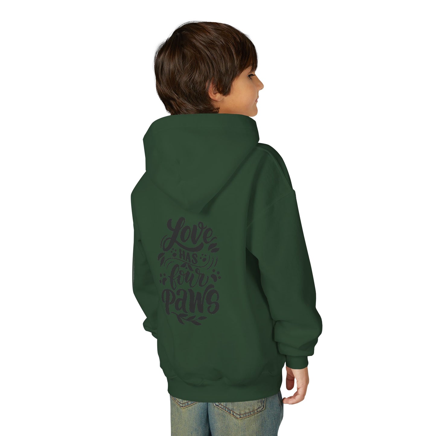 Youth Hoodie — Cute Black Shih Tzu with “Love Has Four Paws” Back Print
