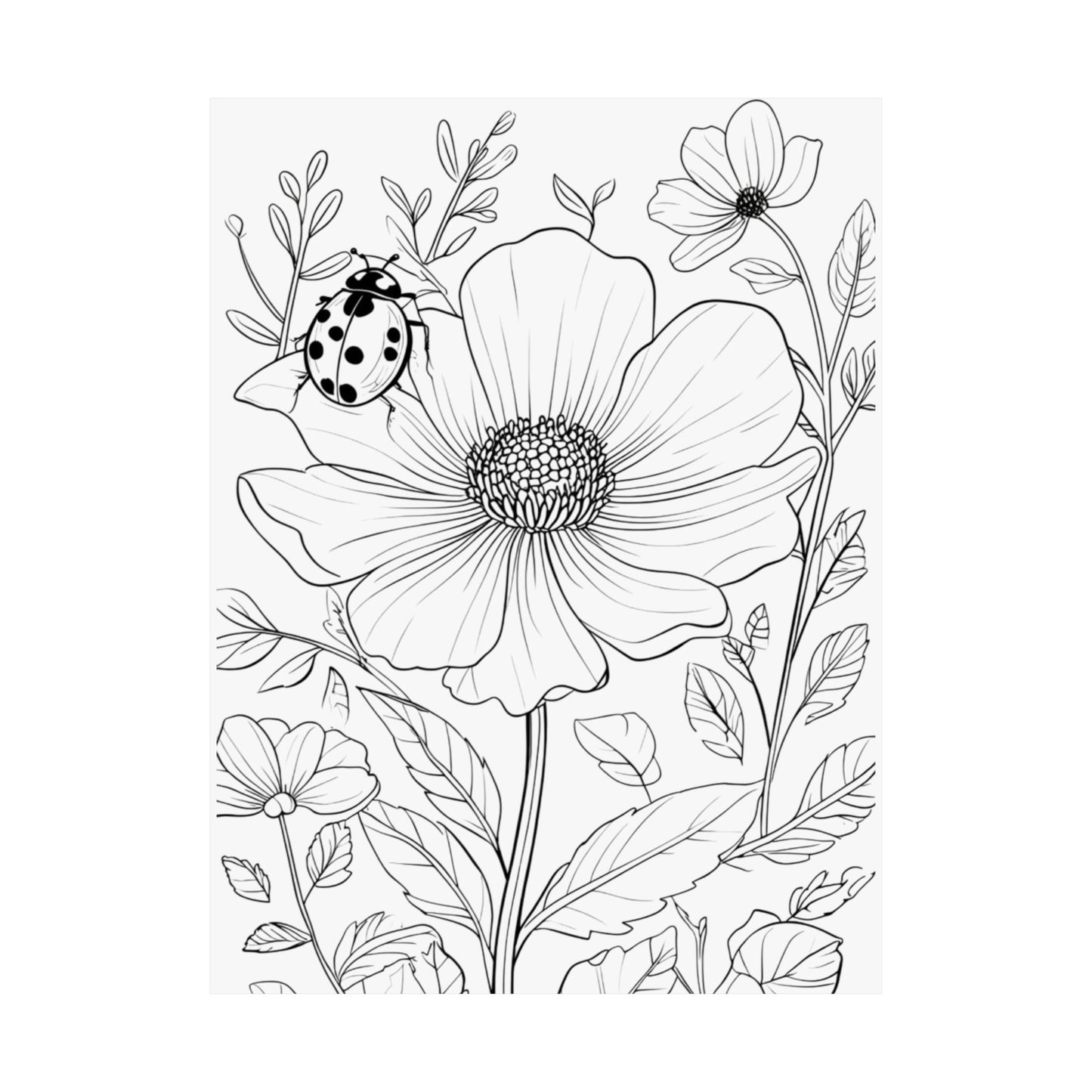 Botanical Ladybug Matte Poster — Floral Line Art Vertical Wall Print