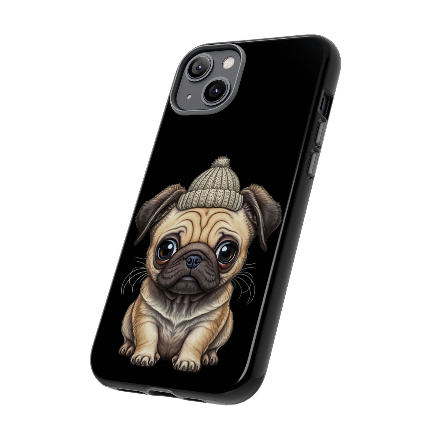 Pug Phone Case – Cute Pug Puppy Illustration on Black Tough Case