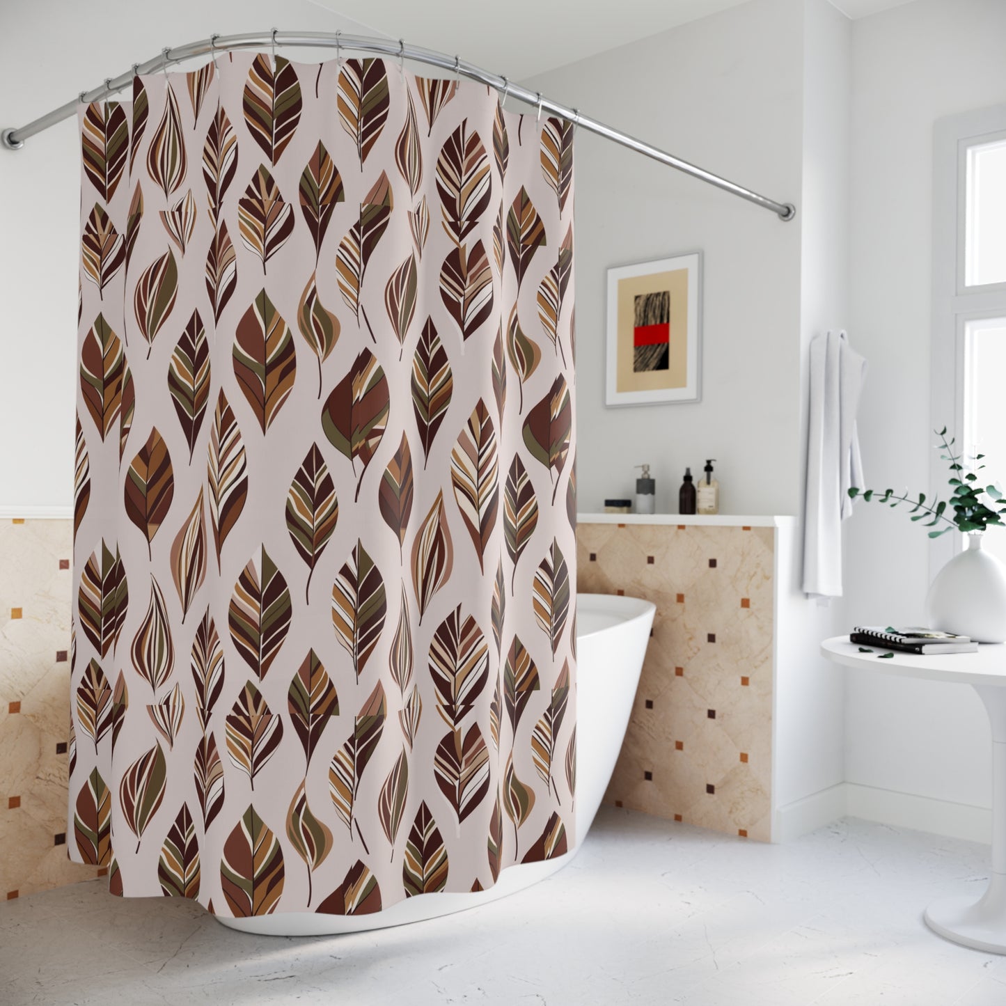 Autumn Leaves Shower Curtain — Boho Brown Leaf Pattern Bathroom Decor