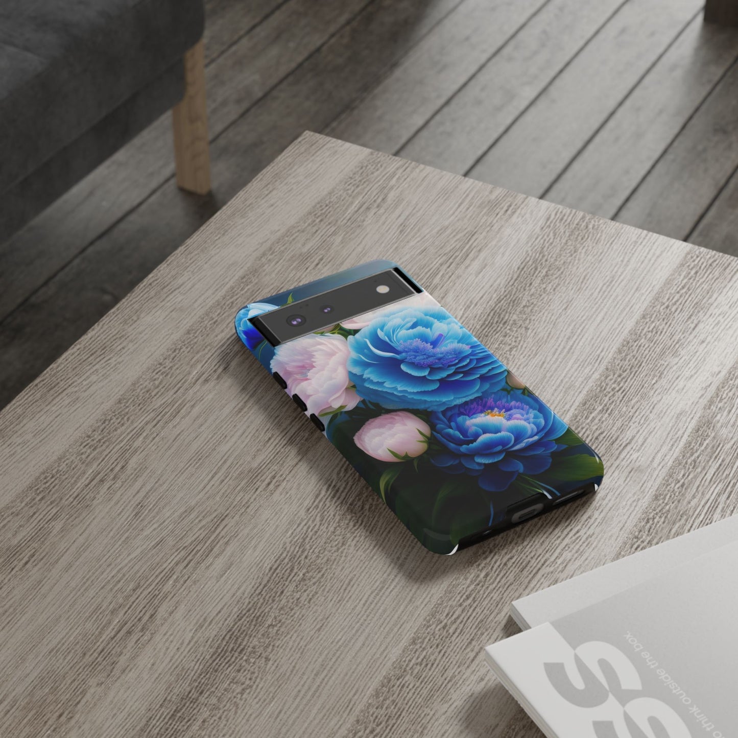 Floral Blue Peony Phone Case — Protective Tough Case with Pink & Blue Blooms