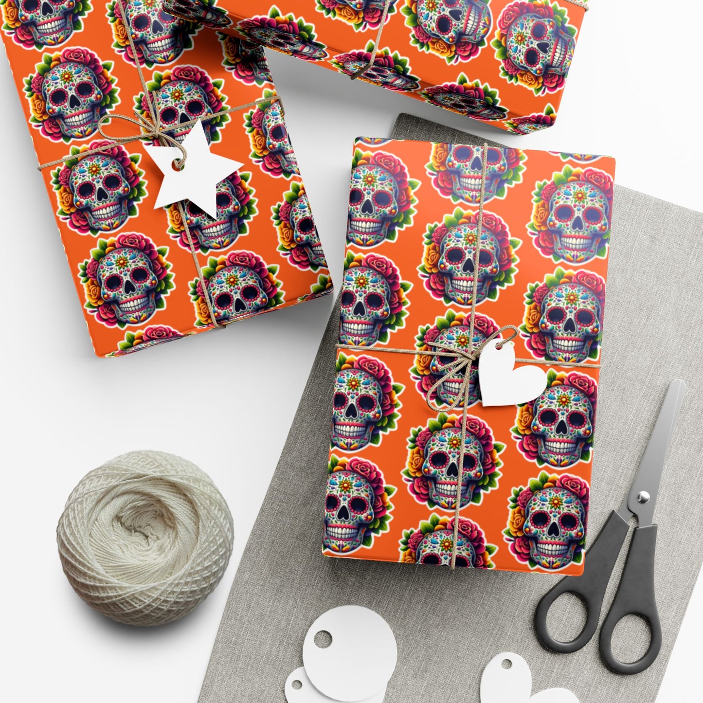Day of the Dead Sugar Skull Gift Wrap Paper — Vibrant Orange Mexican Holiday Wrapping