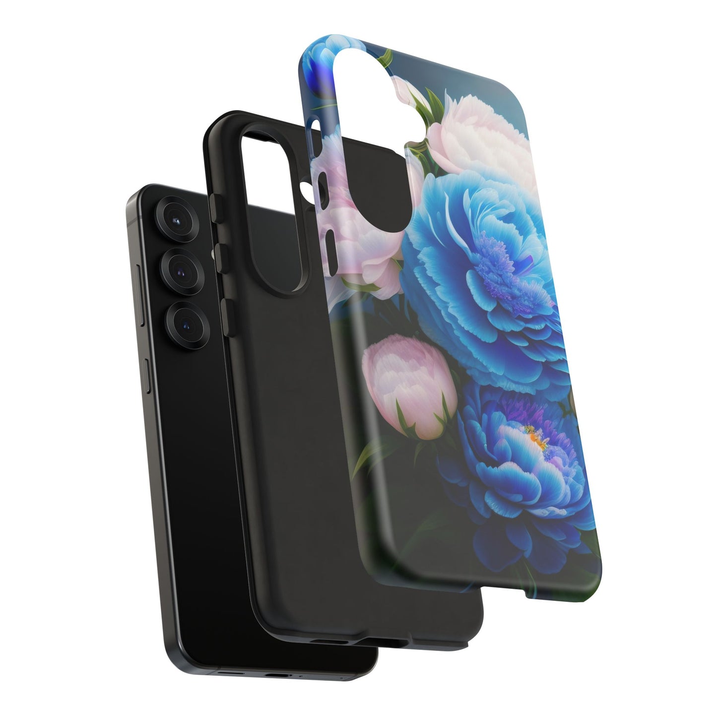 Floral Blue Peony Phone Case — Protective Tough Case with Pink & Blue Blooms