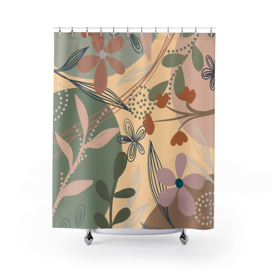 Boho Floral Shower Curtain — Vintage Earth Tone Botanical Design