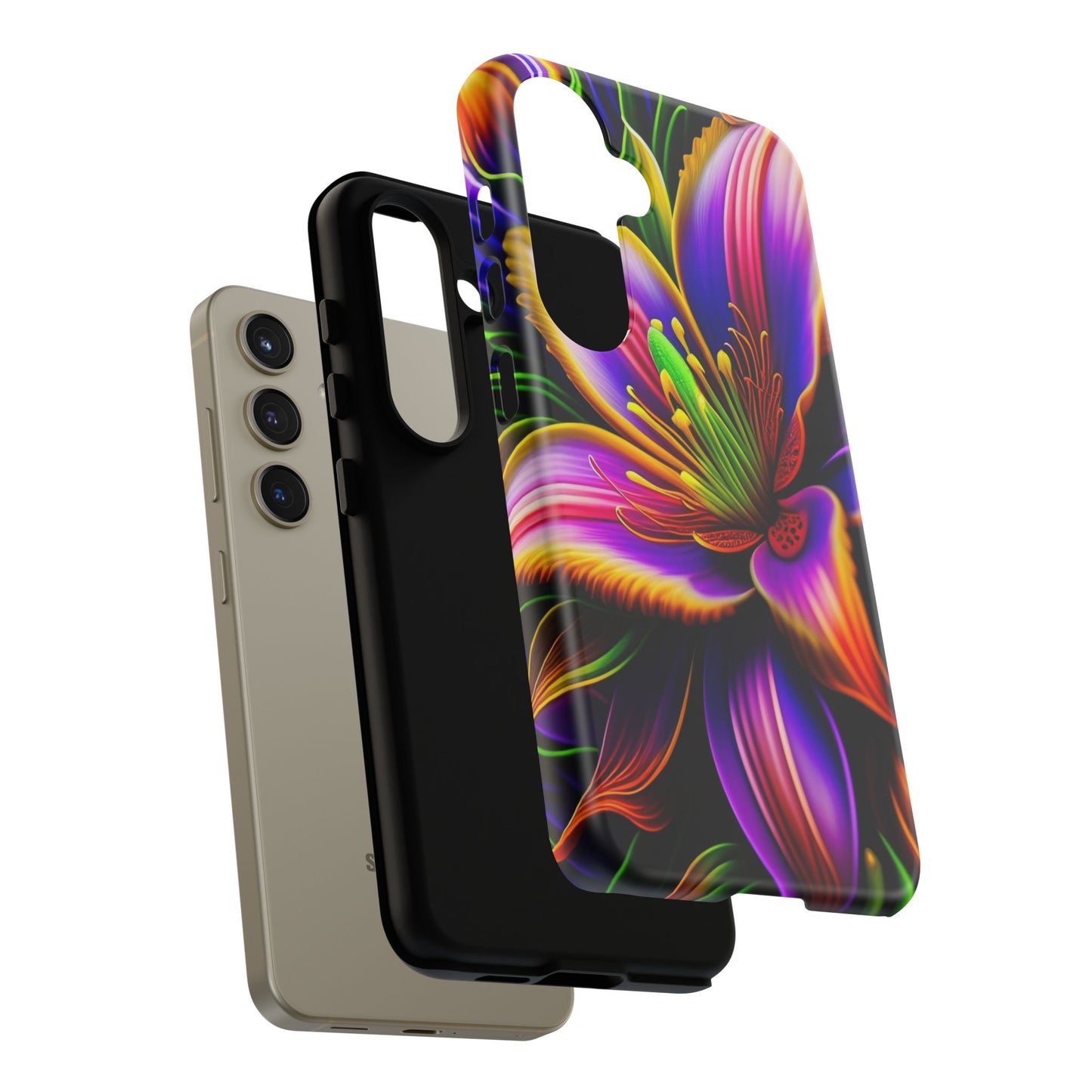 Floral Neon Tough Phone Case — Vivid Purple & Orange Lily Protective Cover