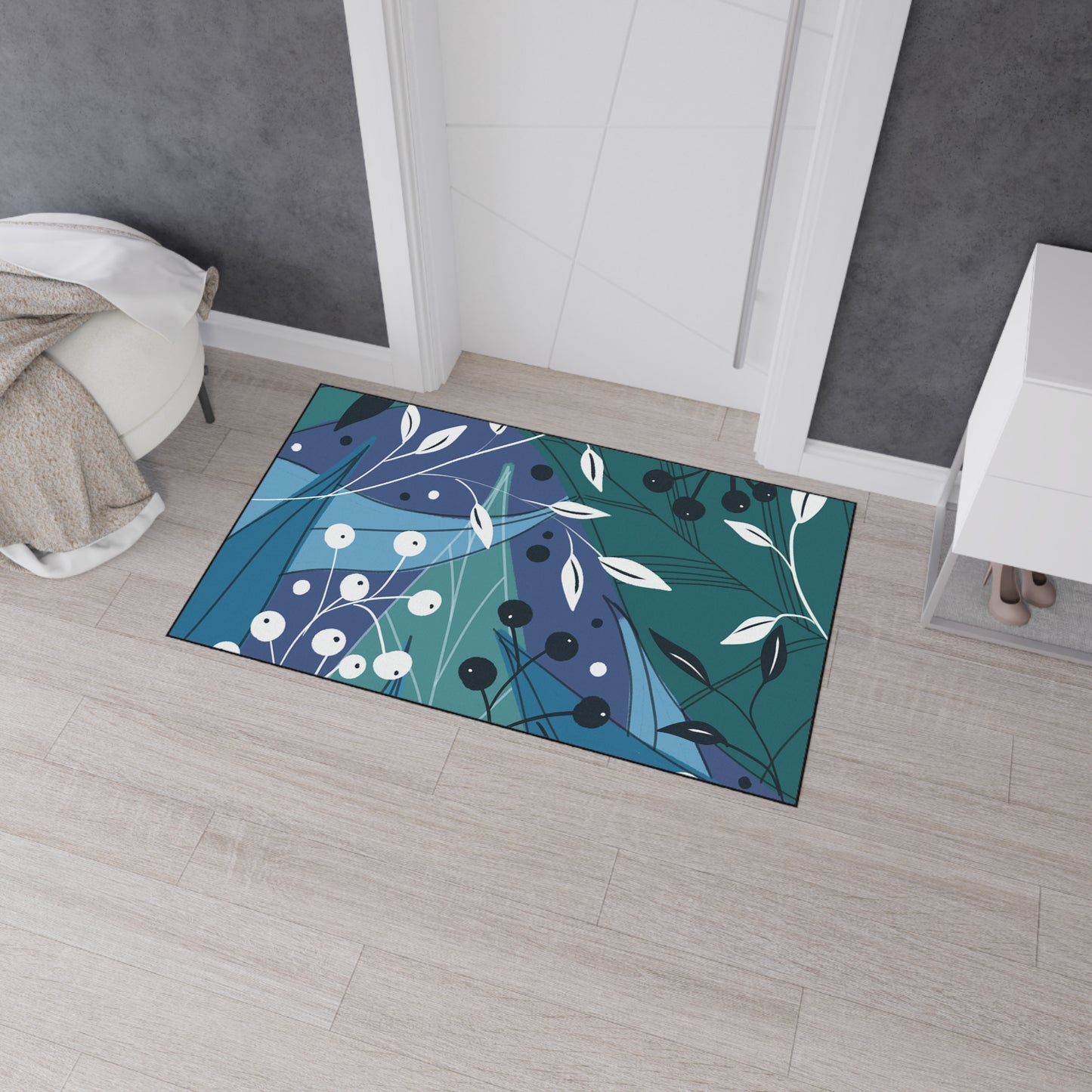 Botanical Blue Heavy-Duty Floor Mat — Durable Floral Entrance Rug