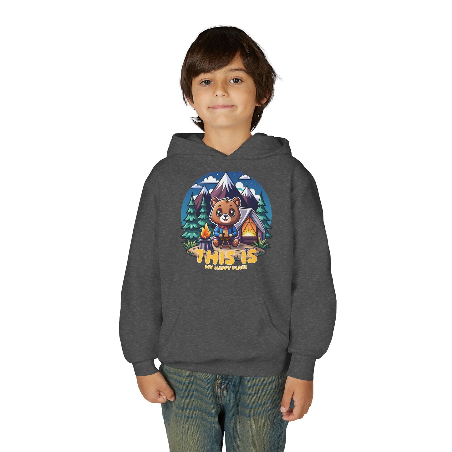 Youth Bear Camping Hoodie — "This is My Happy Place" Cozy Kid’s Outdoor Sweatshirt