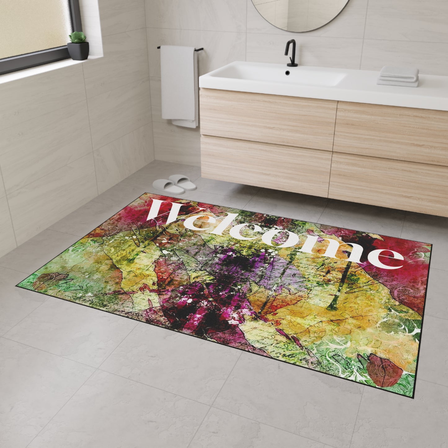 Welcome Floral Heavy Duty Floor Mat — Colorful Abstract Entry Rug