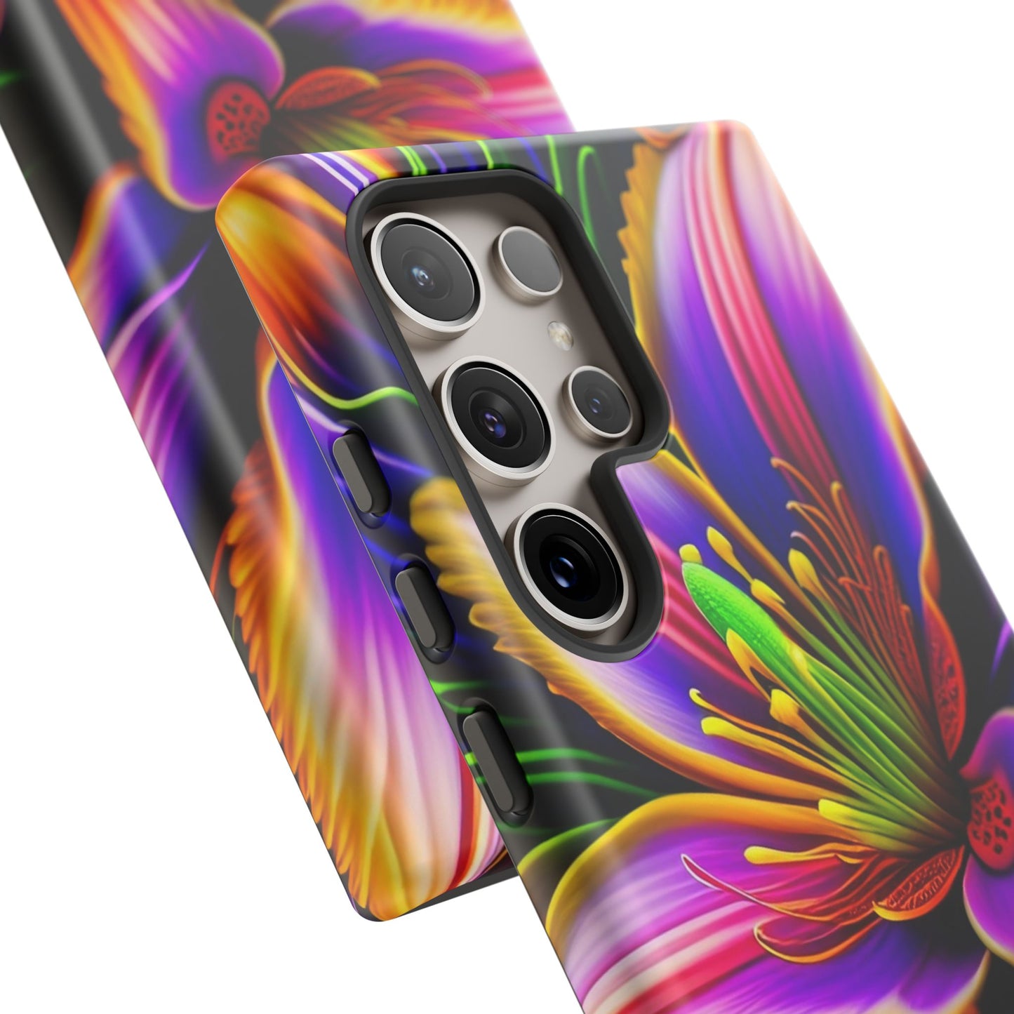 Floral Neon Tough Phone Case — Vivid Purple & Orange Lily Protective Cover