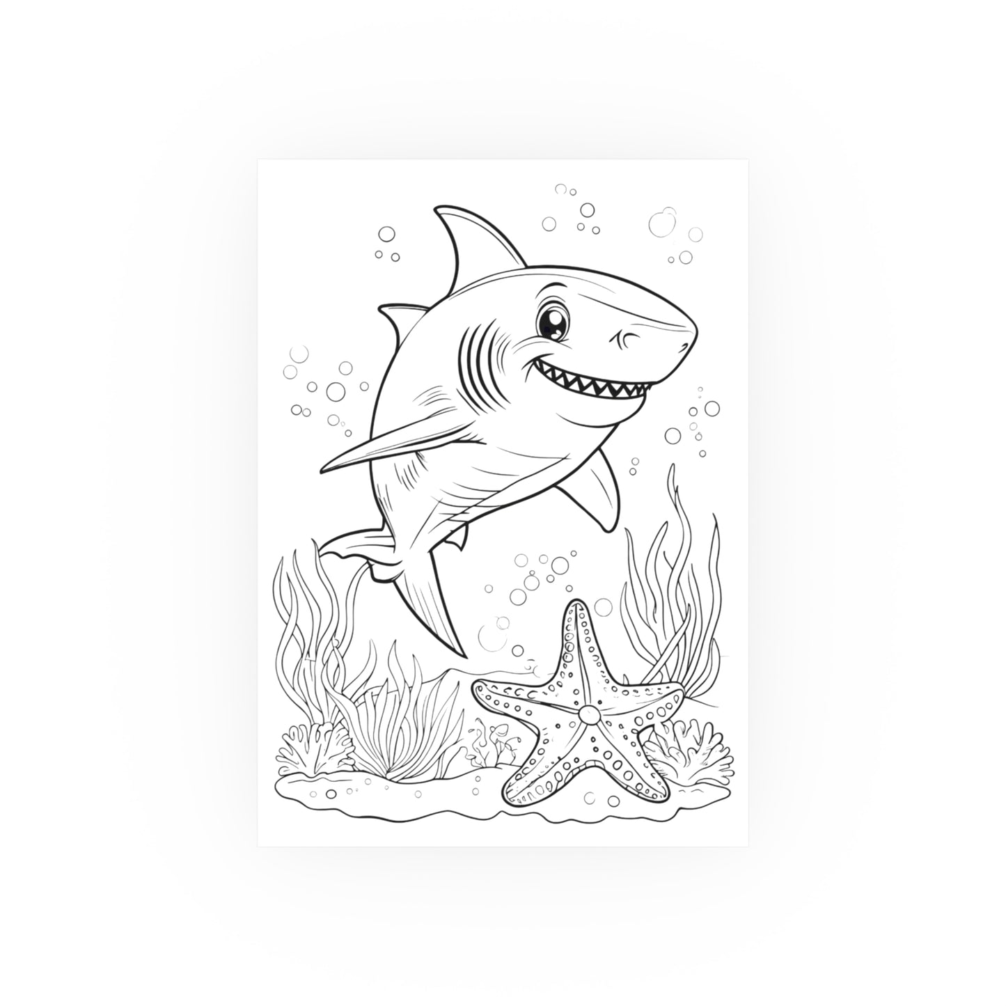 Cute Shark Coloring Poster — Satin & Archival Matte Ocean Print for Kids’ Rooms
