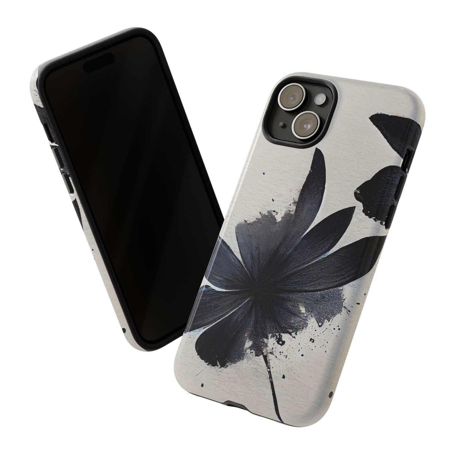 Monochrome Floral Tough Phone Case — Black Ink Flower Protective Cover