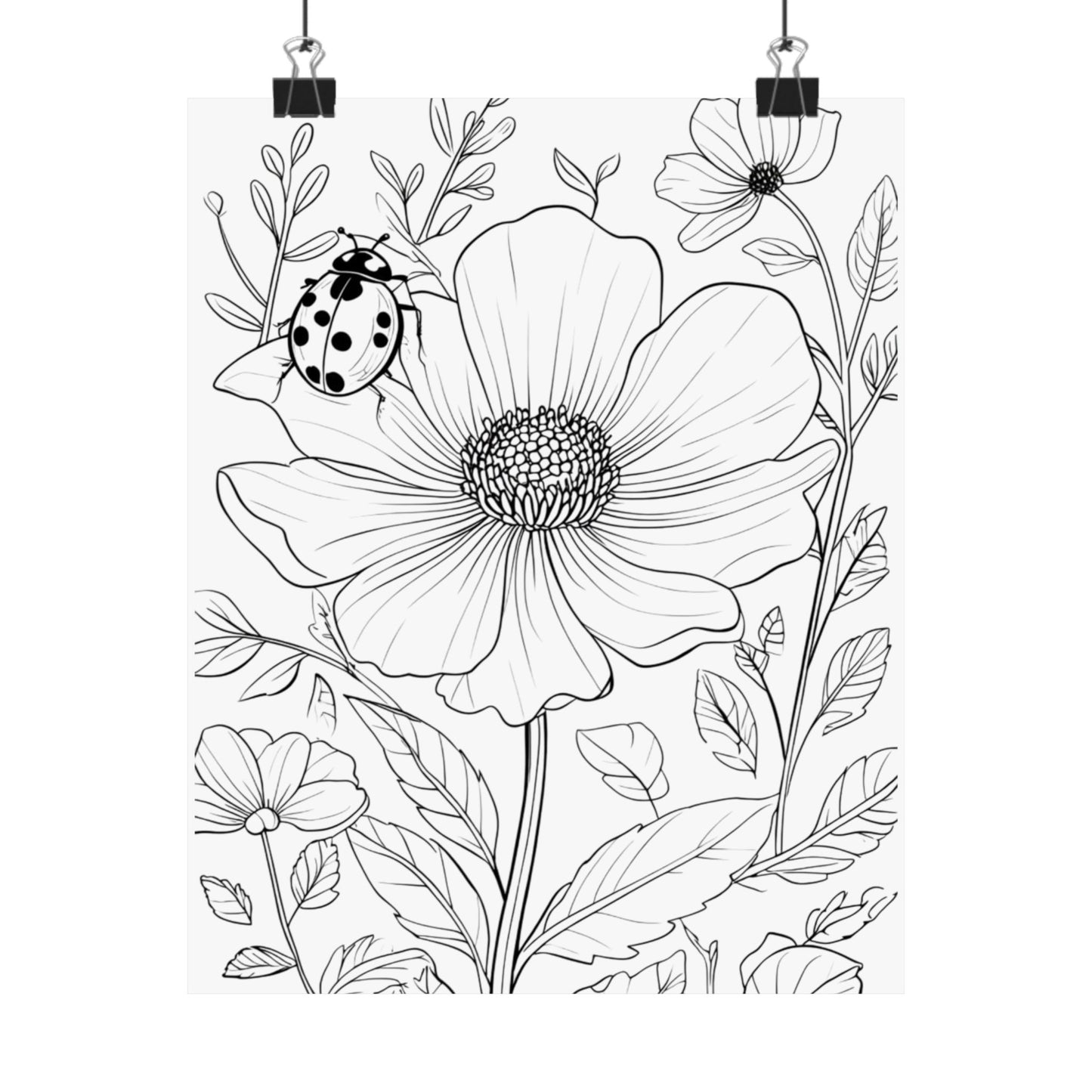 Botanical Ladybug Matte Poster — Floral Line Art Vertical Wall Print
