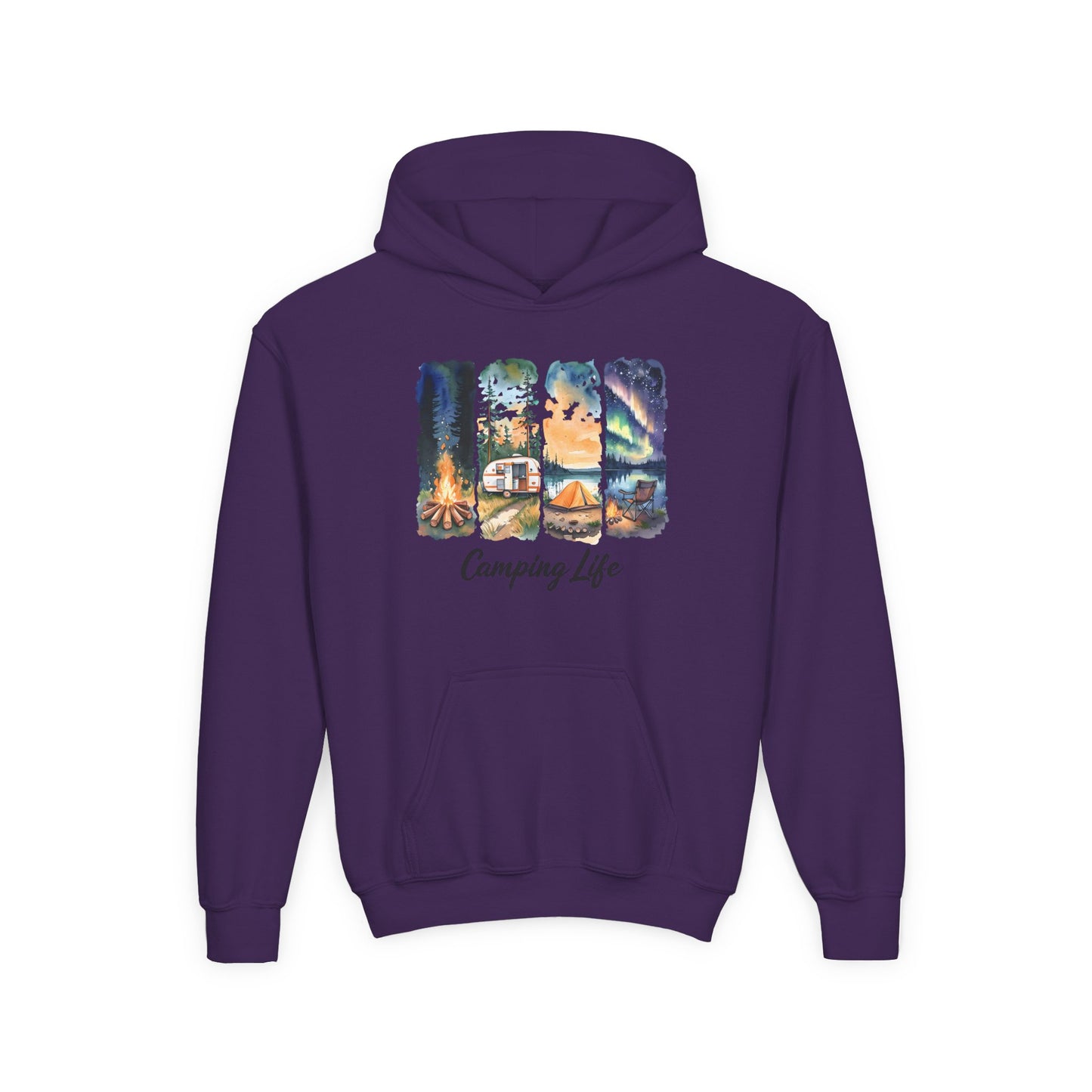 Youth Camping Life Hoodie — Scenic Campfire, Tent & Camper Pullover