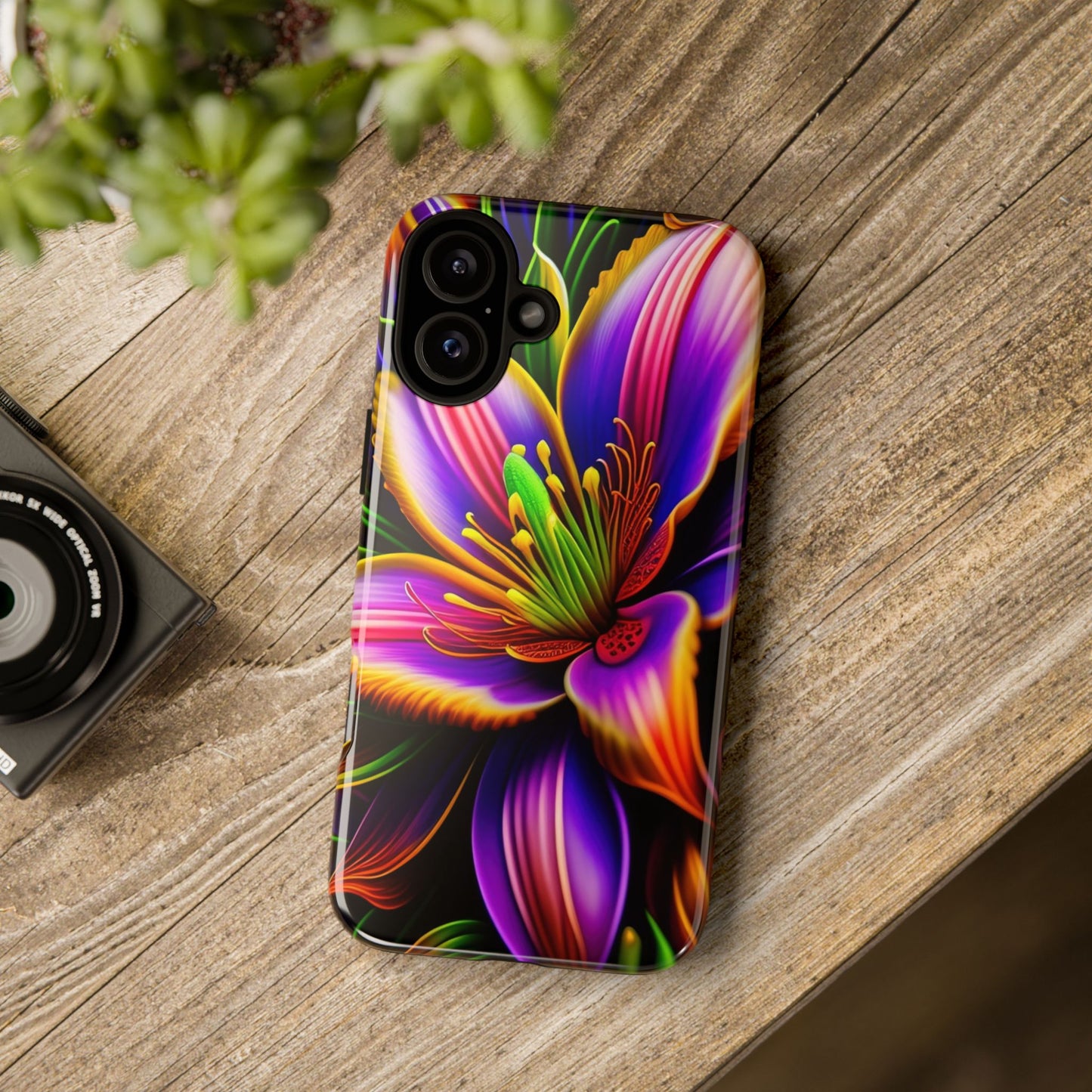Floral Neon Tough Phone Case — Vivid Purple & Orange Lily Protective Cover