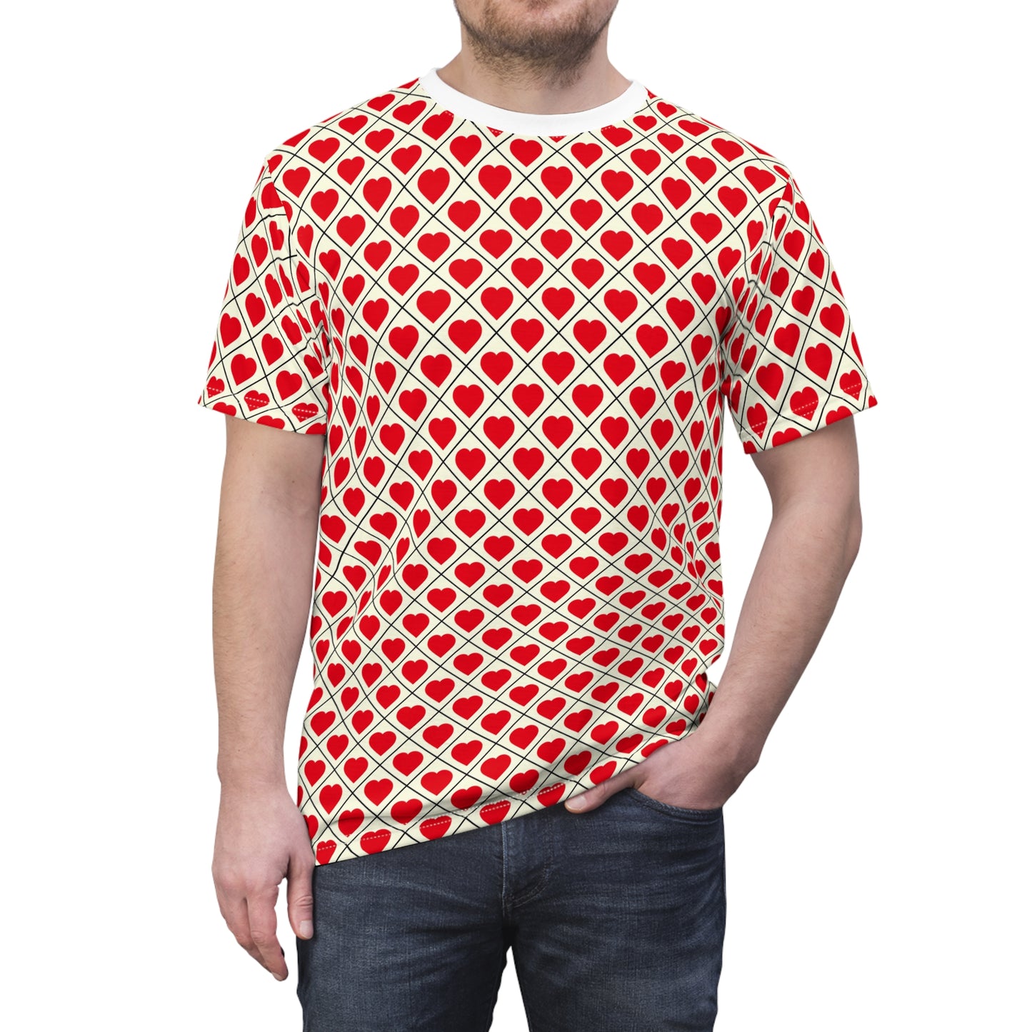 Allover Red Heart Pattern Tee – Valentine’s Day Cut & Sew Shirt