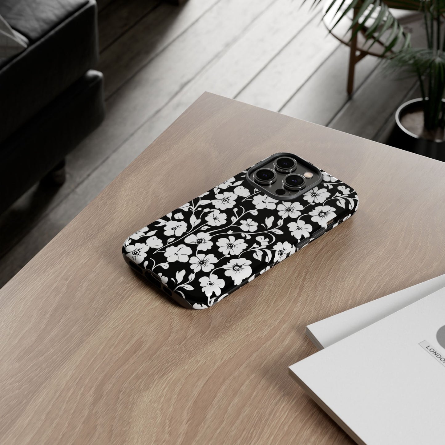Floral Noir Tough Phone Case — Black & White Flower Protective Cover
