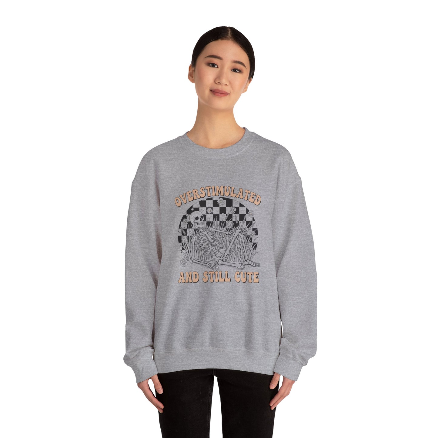 Sweatshirt — "Overstimulated and Still Cute" Skull Checkerboard Graphic Crewneck